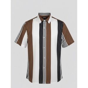 Express Black Brown White Striped Button Up Short Sleeve Size Medium